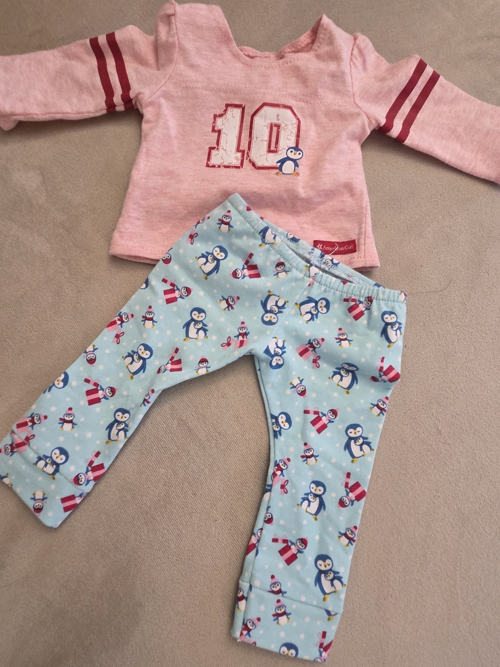 American Girl Pink Top and Light Blue Penguin Pajama Set